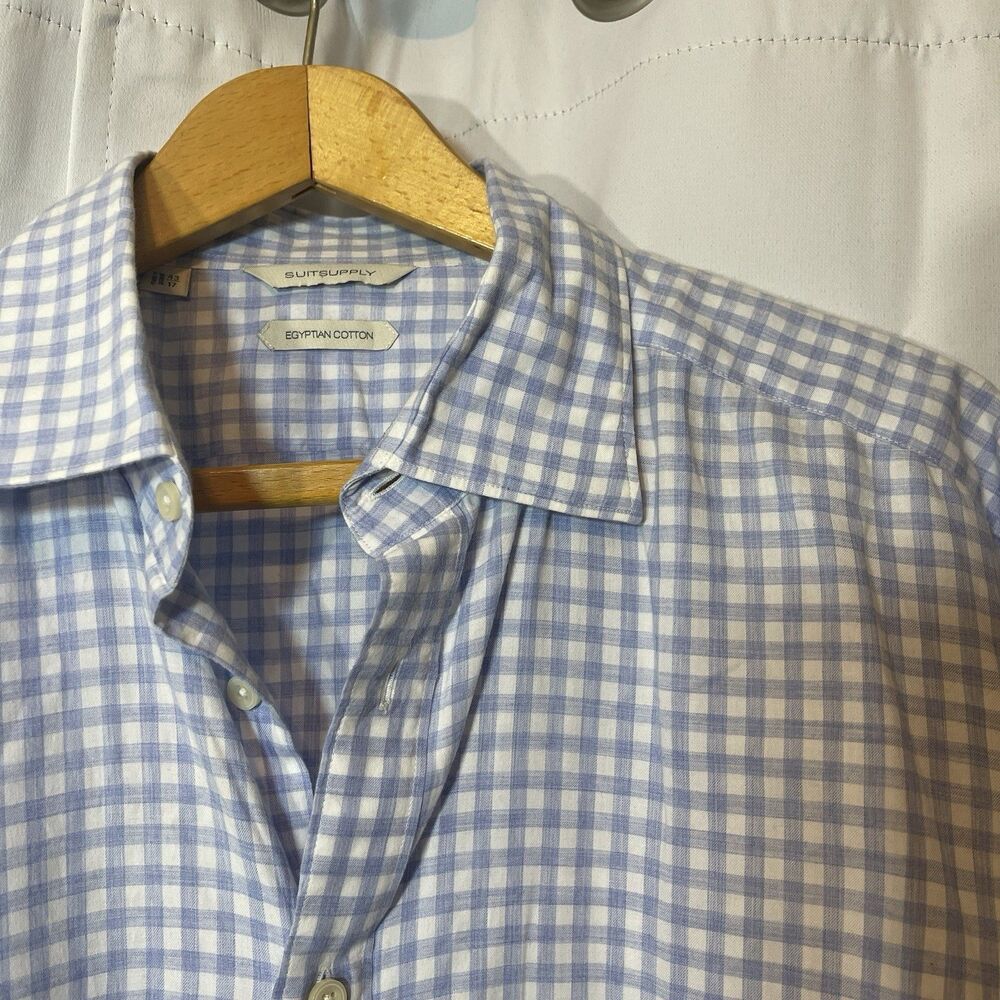 Suitsupply Dress Shirt Mens 43L 17  Blue Plaid Egyptian Cotton Slim Fit
